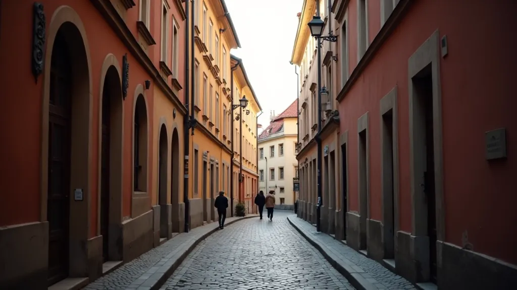 Úzké středověké ulice Staré Prahy s plynovými lampami a historickými domy z cihel