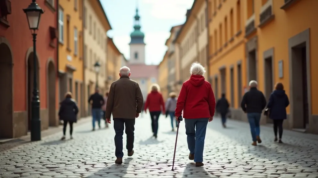 Staroměstské náměstí v Praze s historickými budovami, starší turisti si užívají procházku